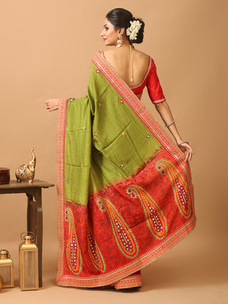 Designer Olive Green, Purple And Red Georgette Sari With Gujarati Hand Embroidery