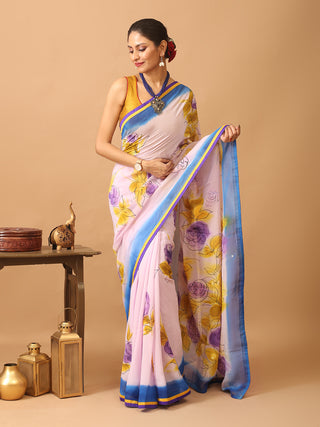 Colourful And Trendy Georgette Saree With Hand Painting Using Fabric Colours