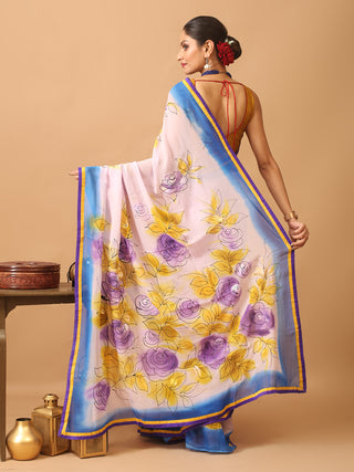 Colourful And Trendy Georgette Saree With Hand Painting Using Fabric Colours