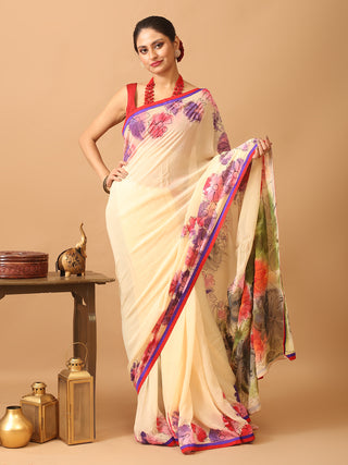 Colourful And Trendy Georgette Saree with Hand Painting Using Fabric Colours