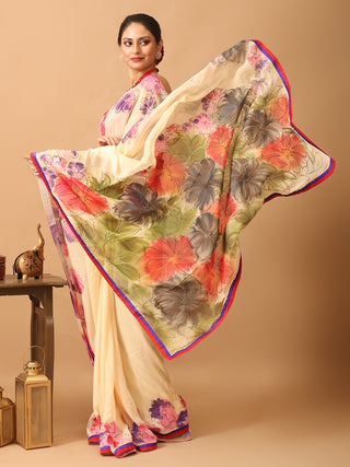 Colourful And Trendy Georgette Saree with Hand Painting Using Fabric Colours