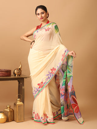 Colourful And Trendy Georgette Saree With Hand Painting Using Fabric Colours