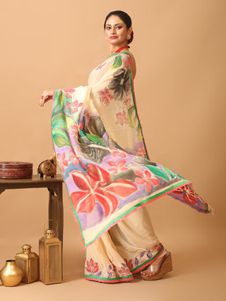 Colourful And Trendy Georgette Saree With Hand Painting Using Fabric Colours