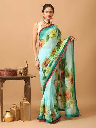 Colourful And Trendy Georgette Saree With Hand Painting Using Fabric Colours