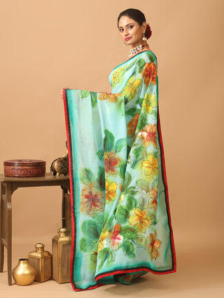 Colourful And Trendy Georgette Saree With Hand Painting Using Fabric Colours