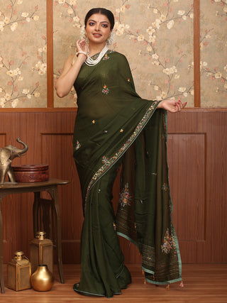 Dark Olive Green Hand-Embroidered Muslin Saree