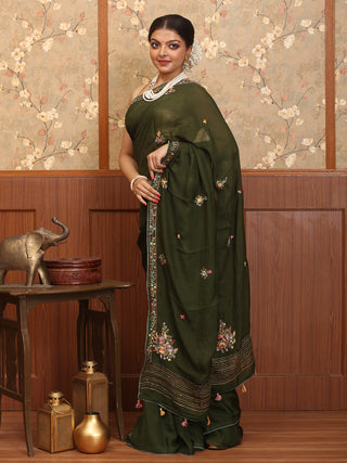 Dark Olive Green Hand-Embroidered Muslin Saree
