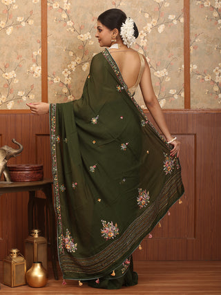Dark Olive Green Hand-Embroidered Muslin Saree
