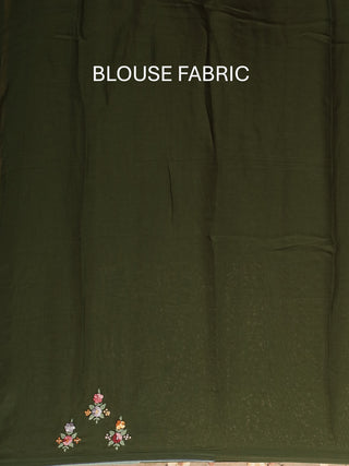 Dark Olive Green Hand-Embroidered Muslin Saree