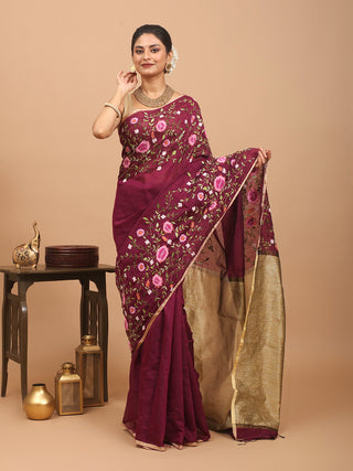 Wine Colour Bengal Cotton Silk Saree with Hand Embroidery