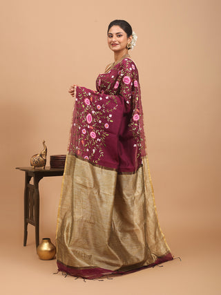 Wine Colour Bengal Cotton Silk Saree with Hand Embroidery