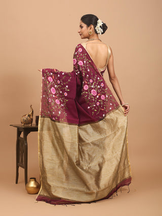 Wine Colour Bengal Cotton Silk Saree with Hand Embroidery