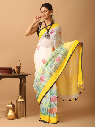 White And Yellow Hand Painted Linen Saree