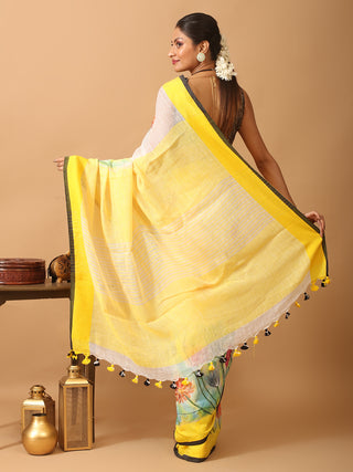 White And Yellow Hand Painted Linen Saree
