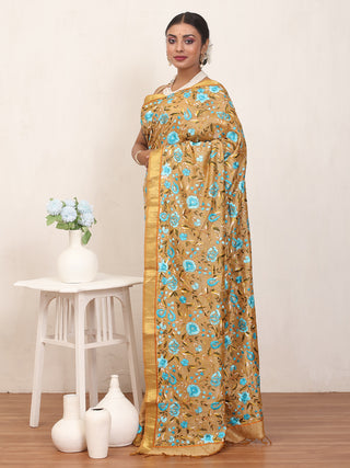 Golden-Beige Kanchipuram Silk Cotton Saree With Exquisite Hand Parsi Gara Work