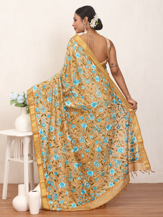 Golden-Beige Kanchipuram Silk Cotton Saree With Exquisite Hand Parsi Gara Work