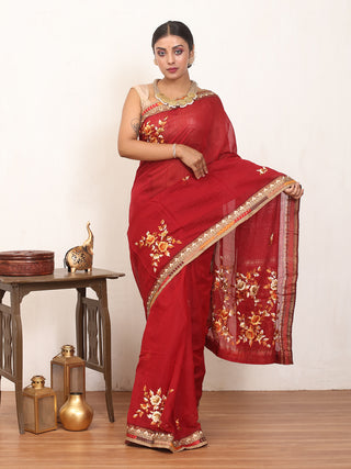Deep Red Chanderi Silk Saree With Hand Parsi Embroidery