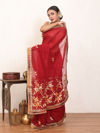Deep Red Chanderi Silk Saree With Hand Parsi Embroidery