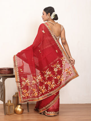 Deep Red Chanderi Silk Saree With Hand Parsi Embroidery