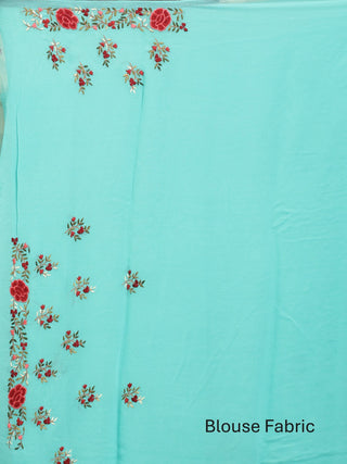 Teal Blue Parsi Work Inspired Hand-Embroidered Pure Georgette Saree