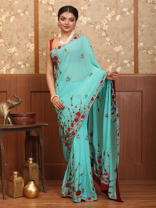 Teal Blue Parsi Work Inspired Hand-Embroidered Pure Georgette Saree