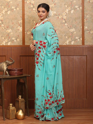 Teal Blue Parsi Work Inspired Hand-Embroidered Pure Georgette Saree