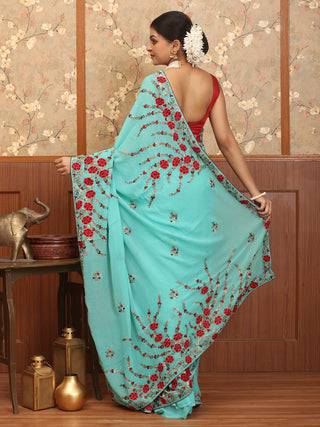 Teal Blue Parsi Work Inspired Hand-Embroidered Pure Georgette Saree