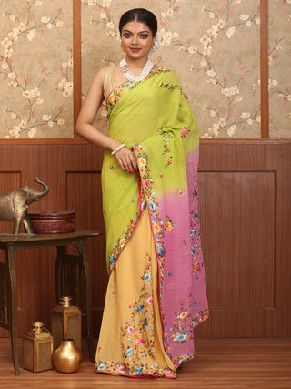 Multicolour Hand-Embroidered Georgette Saree Featuring Parsi Embroidery
