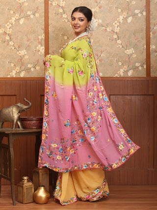 Multicolour Hand-Embroidered Georgette Saree Featuring Parsi Embroidery