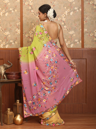 Multicolour Hand-Embroidered Georgette Saree Featuring Parsi Embroidery