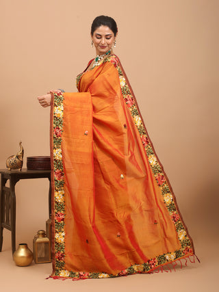 Burnt Orange Kancheepuram Silk Cotton Saree With Hand Parsi Work
