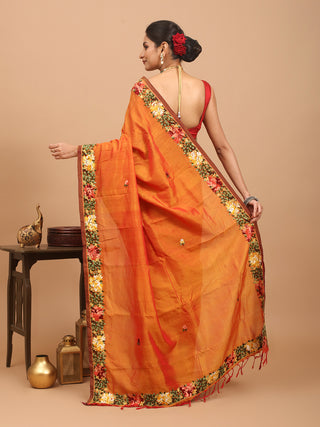 Burnt Orange Kancheepuram Silk Cotton Saree With Hand Parsi Work
