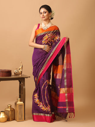 Purple Chanderi Silk Saree With Parsi Work Inspired Hand Embroidery