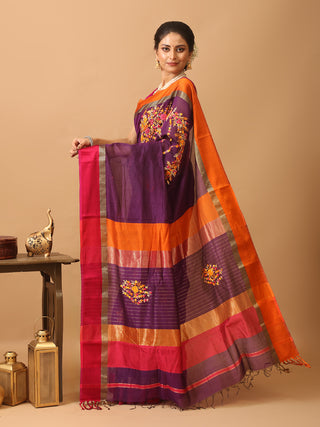 Purple Chanderi Silk Saree With Parsi Work Inspired Hand Embroidery