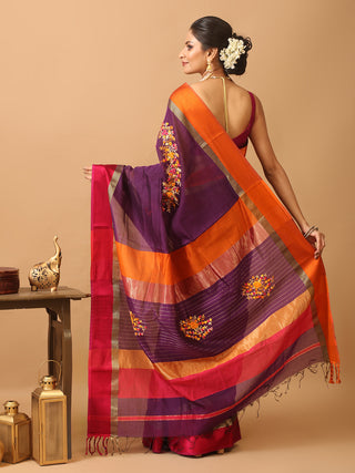 Purple Chanderi Silk Saree With Parsi Work Inspired Hand Embroidery