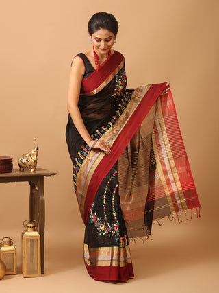 Black Chanderi Silk Saree With  Parsi Work Inspired Hand Embroidery