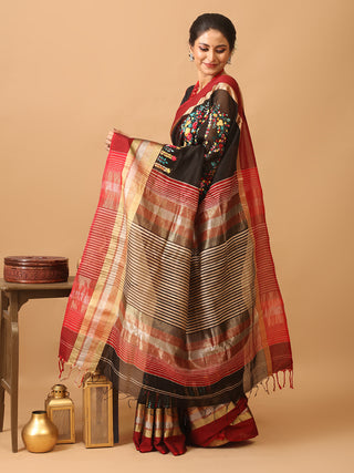 Black Chanderi Silk Saree With  Parsi Work Inspired Hand Embroidery