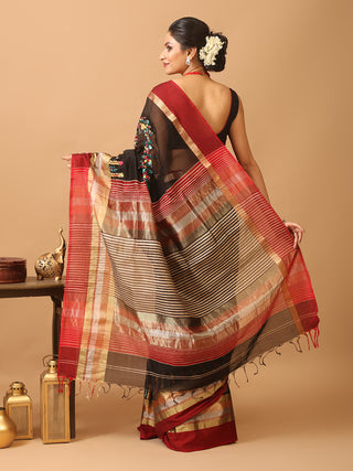 Black Chanderi Silk Saree With  Parsi Work Inspired Hand Embroidery