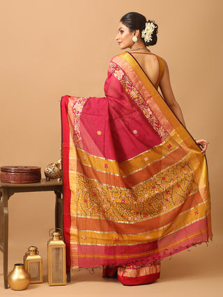 Magenta Handcrafted Chanderi Silk Saree With Parsi Embroidery