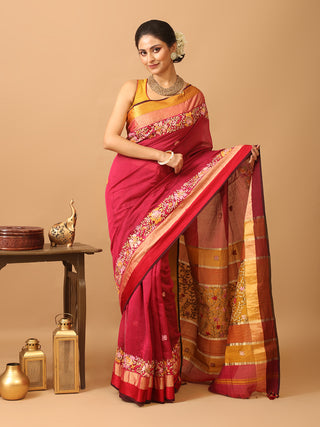 Magenta Handcrafted Chanderi Silk Saree With Parsi Embroidery
