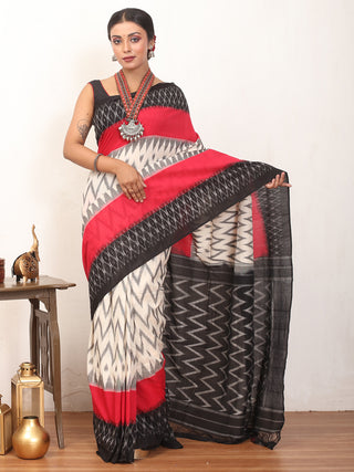 White, Red And Black Handwoven Pure Ikkat Cotton Saree
