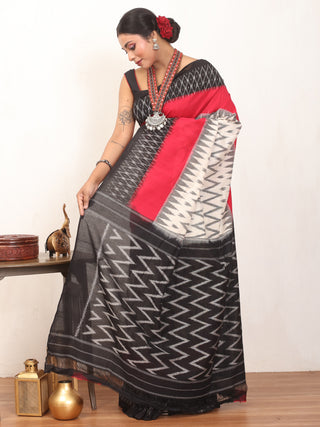 White, Red And Black Handwoven Pure Ikkat Cotton Saree