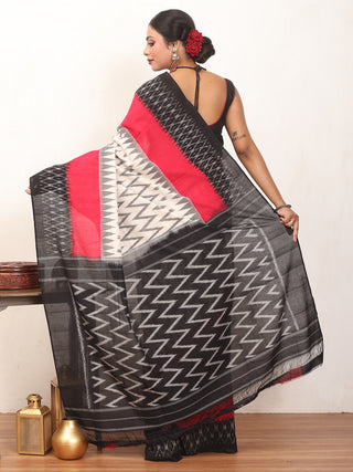 White, Red And Black Handwoven Pure Ikkat Cotton Saree