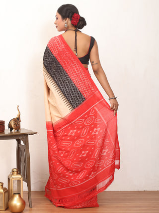 Beige, Black & Red Handwoven Pure Ikkat Cotton Saree