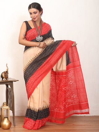 Beige, Black & Red Handwoven Pure Ikkat Cotton Saree