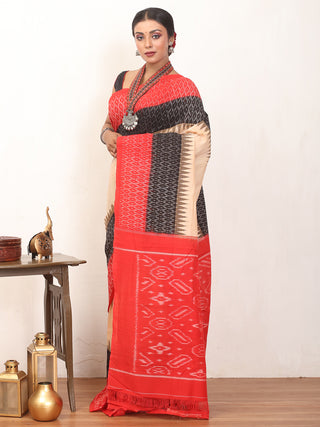 Beige, Black & Red Handwoven Pure Ikkat Cotton Saree