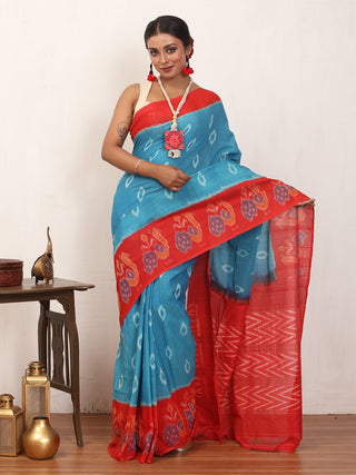 Blue & Red Handwoven Pure Ikkat Cotton Saree