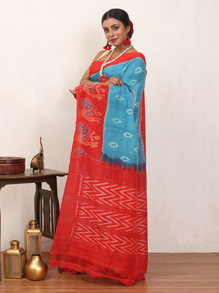 Blue & Red Handwoven Pure Ikkat Cotton Saree