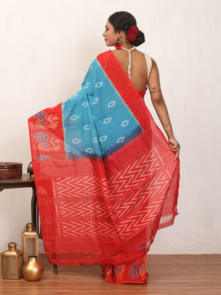 Blue & Red Handwoven Pure Ikkat Cotton Saree