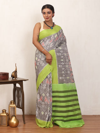 Grey & Lime Green Handwoven Pure Ikkat Cotton Saree